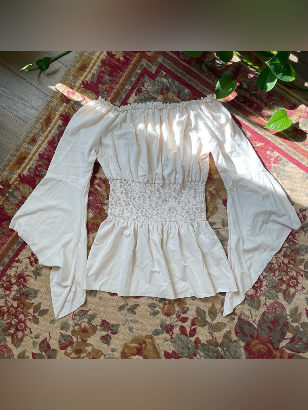 Ivory Off-Shoulder Smocked Waist Bell Sleeve Blouse